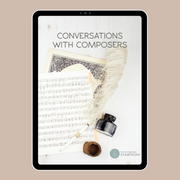 ipad screen displaying a music education curriculum called 'Conversations with Composers' from My Homegrown Symphony